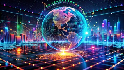 Obraz premium Abstract 3D Illustration of Big Data and Cybersecurity with Neural Networks and Artificial Intelligence, Showcasing Information Waves and a Global Database in a Technological Landscape