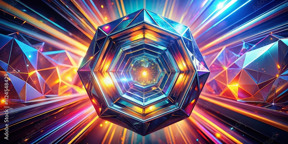 Poster abstract 3d rendering of a heptagon transforming with dynamic light effects and fluid motion, showca