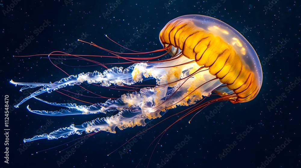 Poster a large glowing jellyfish floating through dark blue water with light shining through, creating a se