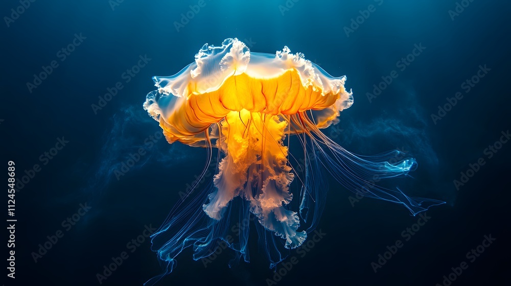Poster a large glowing jellyfish floating through dark blue water with light shining through, creating a se