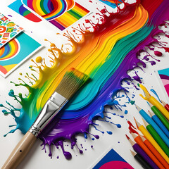 A collection of colorful art supplies with vibrant rainbow paint strokes splashed across a white background