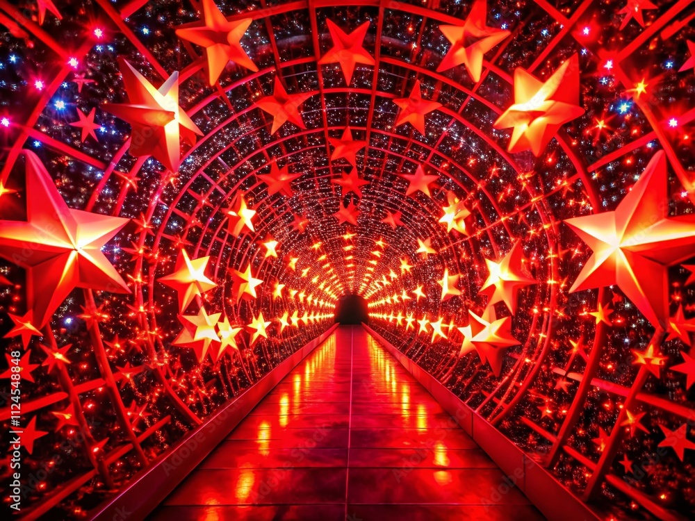 Poster abstract 4k neon red stars tunnel background with bright shining stars creating a hypnotic visual ex