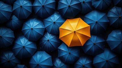 Vibrant Yellow Umbrella Among Blue Umbrellas in Aerial View