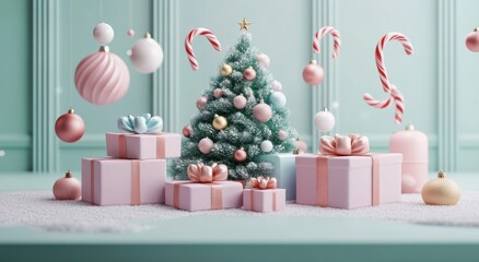 3D Render of Pastel Christmas Scene with Vibrant Tree, Floating Candy Canes, Colorful Gift Boxes and Ornaments