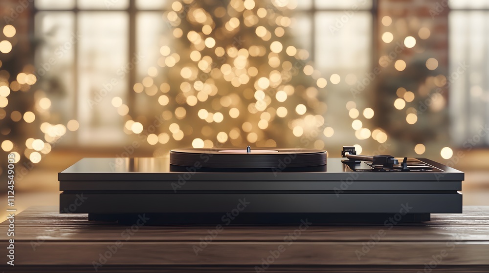 Poster a vintage record player with a vinyl record spinning, soft bokeh lights in the background with a lar