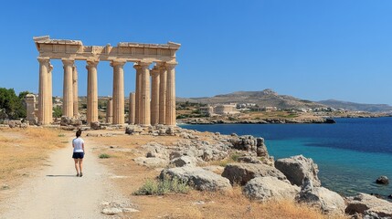 Obraz premium Majestic Ancient Greek Ruins Overlooking the Sparkling Mediterranean Sea