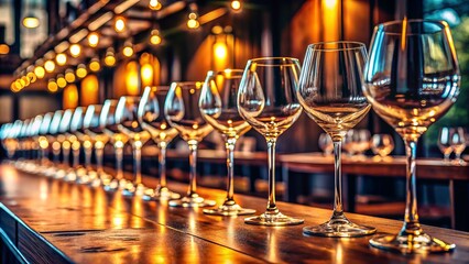 Empty Wine Glasses Panoramic Restaurant Photography - Elegant Glassware on Wooden Table