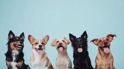 Group of dogs sitting together with happy expressions and a light blue background. AI generated image