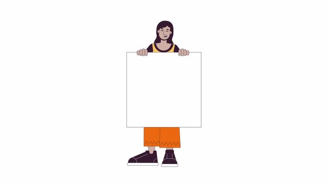 Happy indian female holding mockup placard 2D character animation. Non violent social protest cartoon 4K video, alpha channel. Positive woman with banner animated person on white background