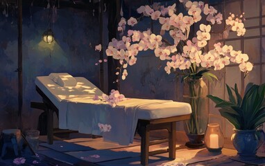 A cozy spa room with a massage table, soft lighting, and fresh orchids in a vase