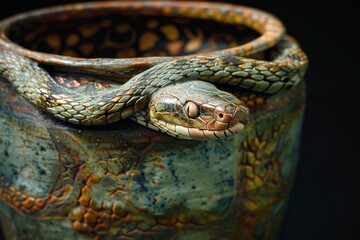 Fototapeta premium A green snake relaxes on the rim of a beautifully crafted ceramic pot adorned with colorful patterns, illuminated by soft lighting and creating a serene atmosphere.