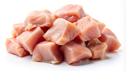 Fresh Raw Chicken Fillet Chunks Isolated on White Background for Culinary and Food Photography Use, Perfect for Recipes, Cookbooks, and Meal Preparation Concepts