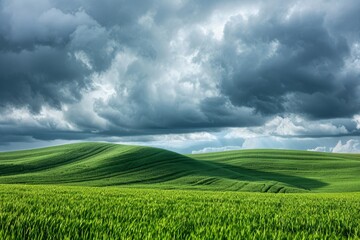 Obraz premium Vibrant green fields stretch across the landscape, gently rolling under an overcast sky, with dark clouds hinting at an approaching storm.
