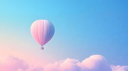 Naklejka premium A pastel-colored hot air balloon drifting across a clear blue sky, soft gradient background with plenty of empty space