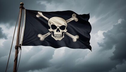Fototapeta premium A pirate flag with a skull and crossbones fluttering in the wind, set against a cloudy sky