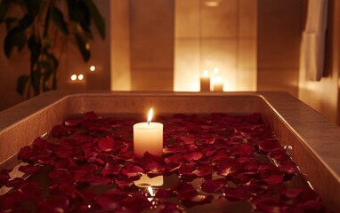 A relaxing spa moment with a warm bath surrounded by rose petals and flickering candles