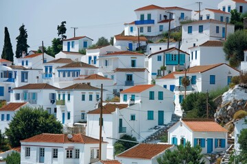 Obraz premium A collection of whitewashed houses with blue doors and windows cascades down a hillside, showcasing terracotta roofs under a clear sky in a picturesque coastal setting.