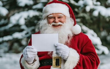 Naklejka premium Smiling Santa with white gloves holding a plain white card on a snowy backdrop