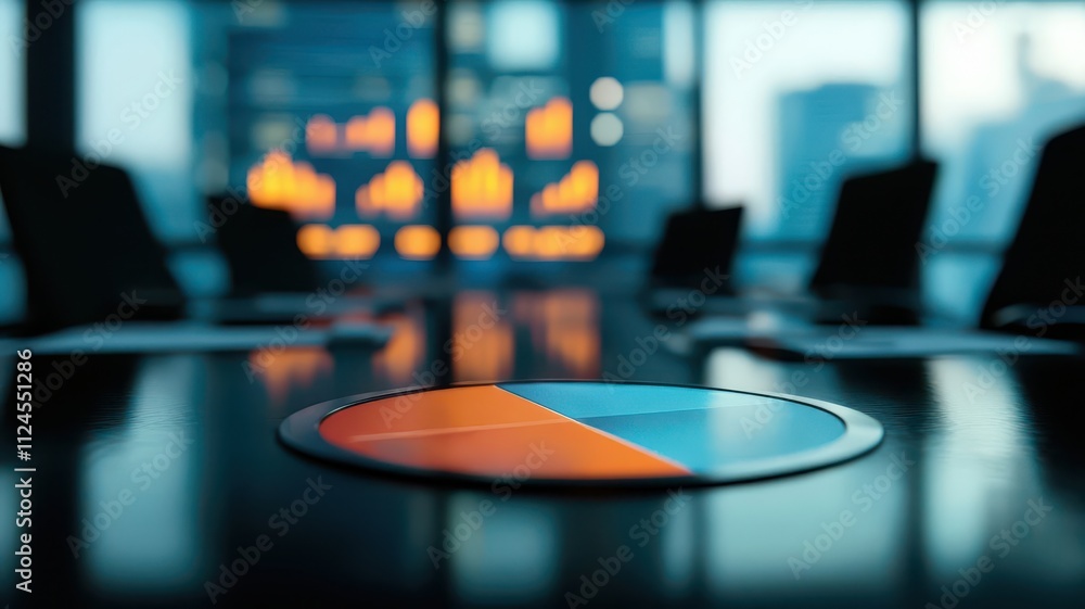 Poster a modern conference room with pie chart and graphs displayed, emphasizing teamwork and strategic pla