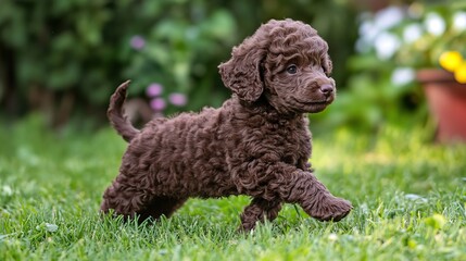 Cockapoo puppy running in a sunny garden with dandelions and cinematic lighting. AI generated image