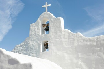 Fototapeta premium The whitewashed church features two bell towers topped with a cross, set against a vibrant blue sky, creating a peaceful and uplifting atmosphere.