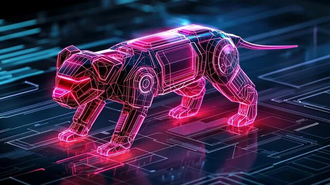 Futuristic wireframe hologram of a smart autonomous robot dog concept