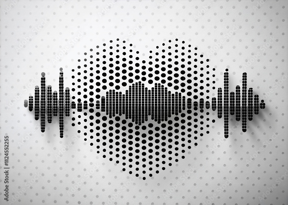 Poster abstract black halftone pattern for modern design featuring sound wave spectrum and heart rhythm ele