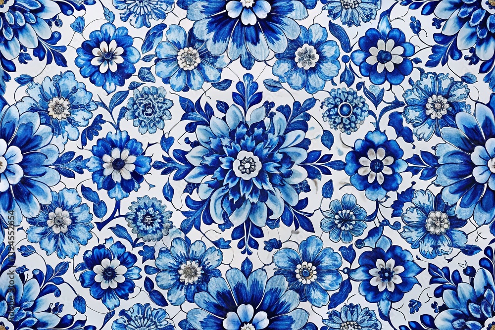 Poster abstract blue and white flower tile pattern for modern design projects, emphasizing generative ai te