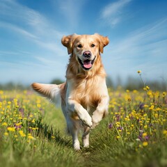 A golden retriever joyfully running through a flower-filled meadow under a bright blue sky.