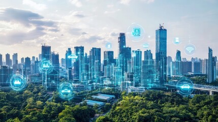 Fototapeta premium Smart City Skyline Featuring Technological Innovation and Green Spaces