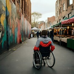 A wheelchair user exploring a bustling city street with vibrant street art, lively vendors, and accessibility-friendly pathways.