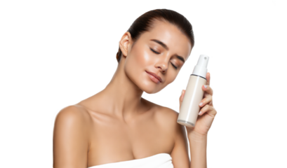 Young beautiful woman holding face toner cosmetic product serum apply skincare routine png