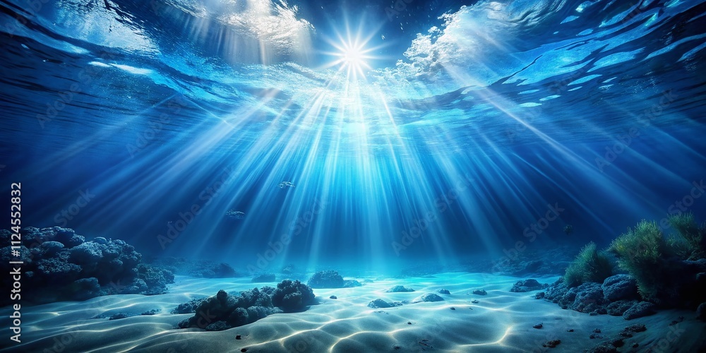 Poster abstract blue background with rays in an underwater scene - 3d render of a tranquil and mystical oce