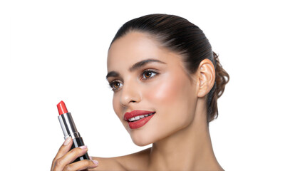 Obraz premium Young beautiful woman holding lipstick cosmetic product serum apply skincare routine png