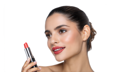 Young beautiful woman holding lipstick cosmetic product serum apply skincare routine png