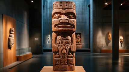 Indigenous wood carvings in modern museum exhibit showcasing traditional cultural artifacts