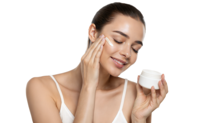 Young beautiful woman holding face cream cosmetic product serum apply skincare routine png