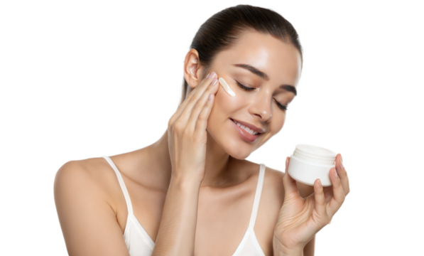 Young beautiful woman holding face cream cosmetic product serum apply skincare routine png