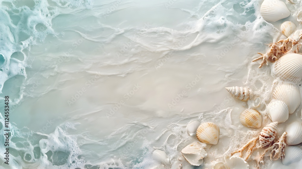 Poster a soft beach scene with seashells and gentle waves lapping the shore, soft beige and blue tones with