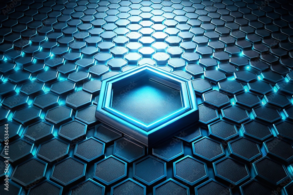 Aufkleber abstract blue light over dark grey hexagon texture in 3d geometric pattern with blank space design f