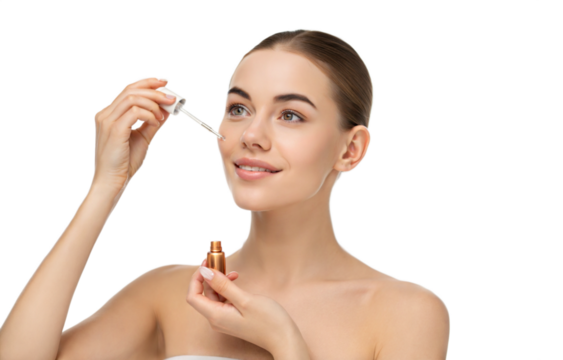 Young beautiful woman holding pipette cosmetic product serum apply face skincare routine 
