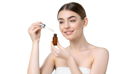Young beautiful woman holding pipette cosmetic product serum apply face skincare routine 