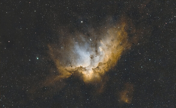 Image of the Wizard Nebula (NGC7380) in the star constellation Cepheus showing interstellar gas and open star cluster.