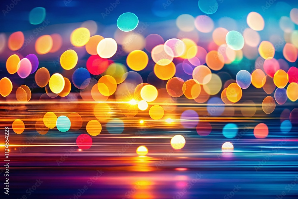 Poster abstract blurred background with horizontal light streaks in vibrant colors, creating a dreamy low l