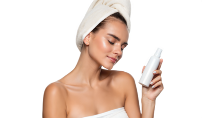 Young beautiful woman holding toner cosmetic product serum apply face skincare routine 