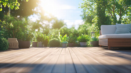 Fototapeta premium A sunlit outdoor patio filled with lush greenery and a comfortable seating area, designed for relaxation and enjoying nature in a tranquil setting.