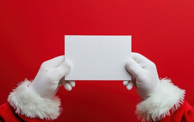 Close-up of Santa&acirc;???s hands in white gloves holding a blank card on a bright red backdrop