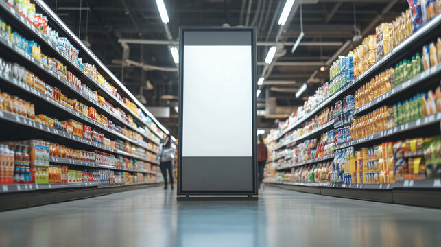 A similar view of a grocery store aisle showcasing colorful products with another blank advertising display, emphasizing the retail space and consumer experience.