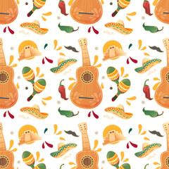 Mexican guitar png seamless pattern on transparent background