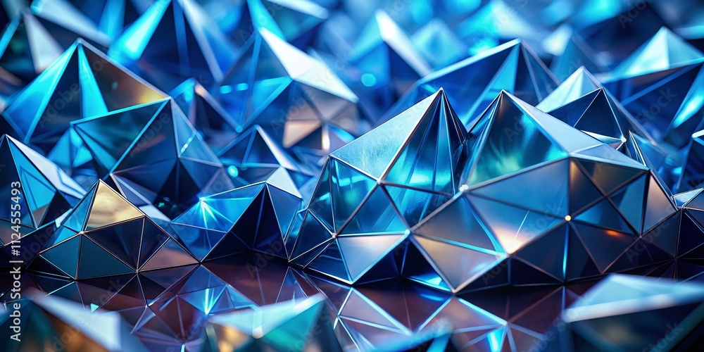 Poster abstract cg polygonal crystal surface with geometric blue triangles in motion, captured in low light